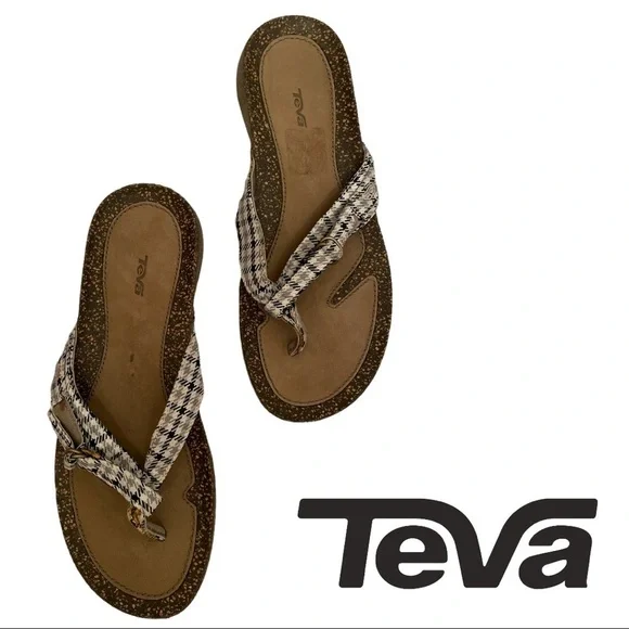 TEVA Women’s Size 7 Cork Houndstooth Flip Flops Sandals Summer Slip on shoe - Picture 1 of 11